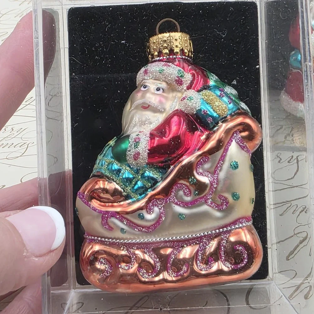 3 Unique Treasures Santa Ornaments Blown Glass Gifts Sleigh Toys Vintage NIB NOS